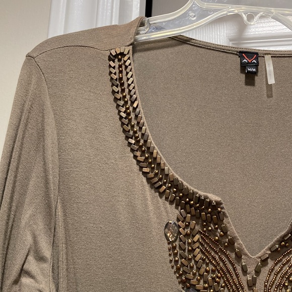 AVA Olive Green 3/4 Sleeve Embellished Top W/Brass/Copper/Smokey Beads - Sz M - Picture 5 of 11